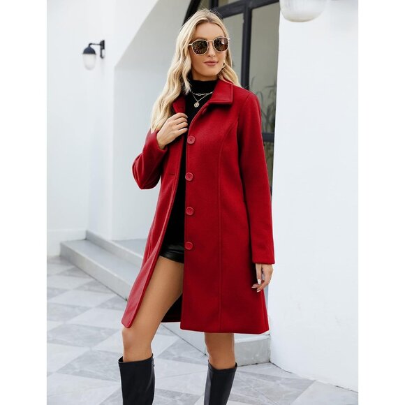 💫 Women Red Elegant Overcoat Single Breasted Winter Dress Pockets Pea Coat - Picture 8 of 8
